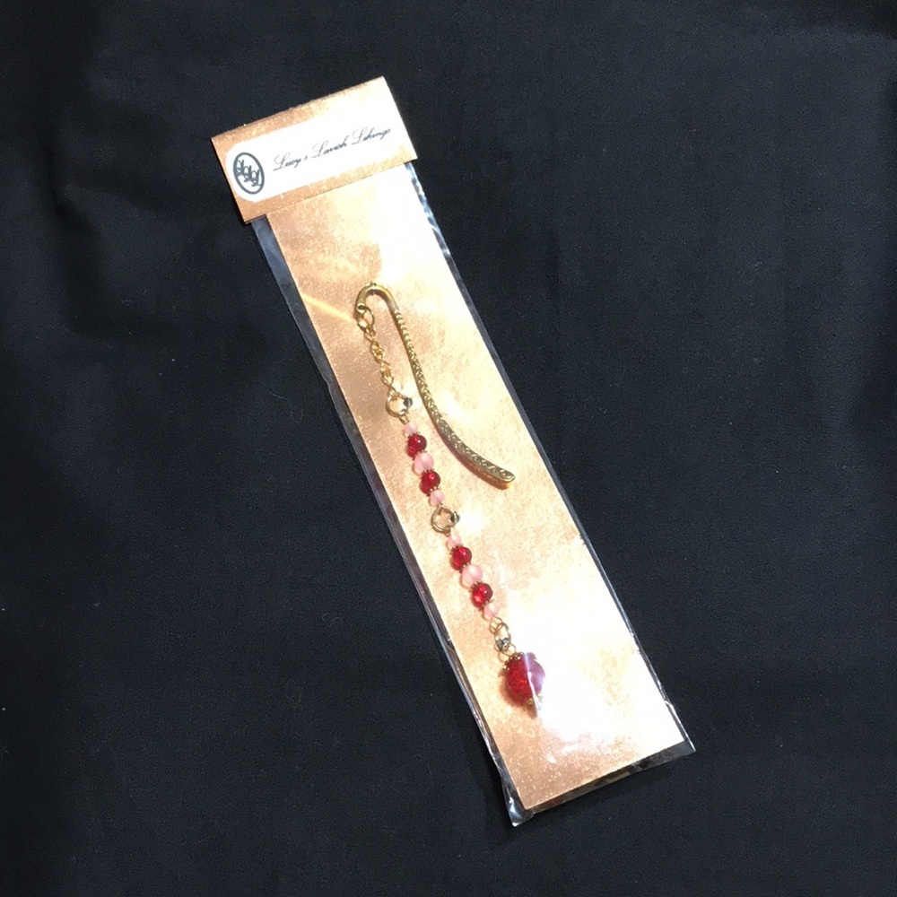 Metal Shepherds Hook Bookmark w/Chain, Red&Pink Glass Beads, & Goldtone Findings